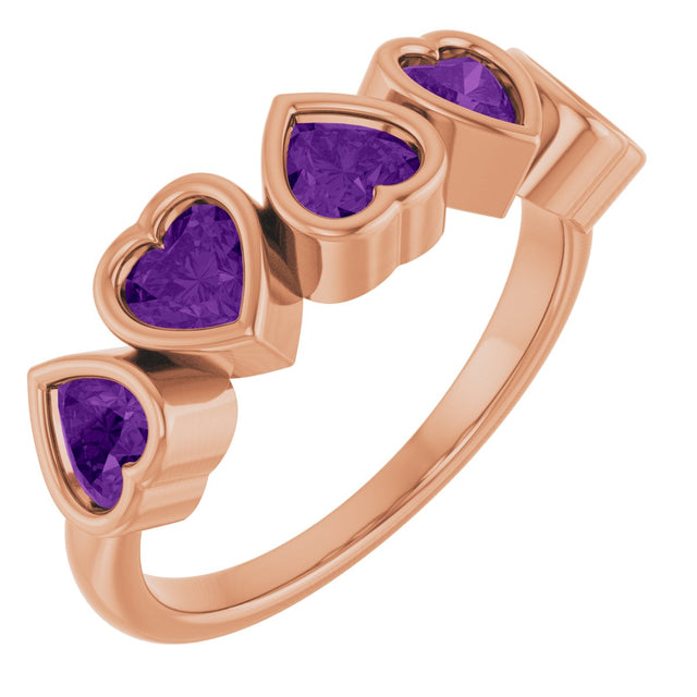 14K Gold Natural Amethyst Five-Stone Heart Ring - Rose Gold