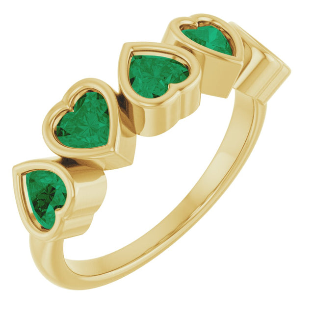 14K Gold Lab-Grown Emerald Five-Stone Heart Ring - Yellow Gold