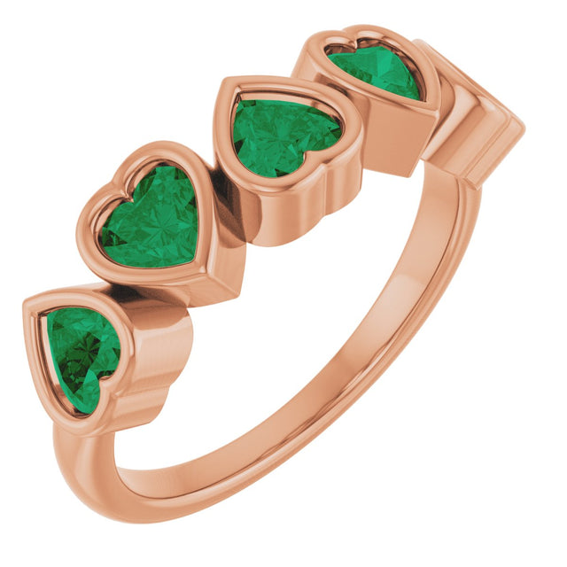 14K Gold Lab-Grown Emerald Five-Stone Heart Ring - Rose Gold