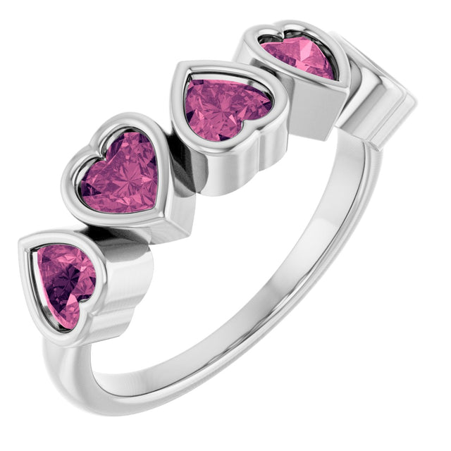 14K Gold Natural Pink Tourmaline Five-Stone Heart Ring - White Gold