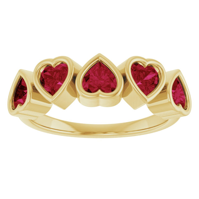 14K Gold Natural Mozambique Garnet Five-Stone Heart Ring - Yellow Gold - view 3