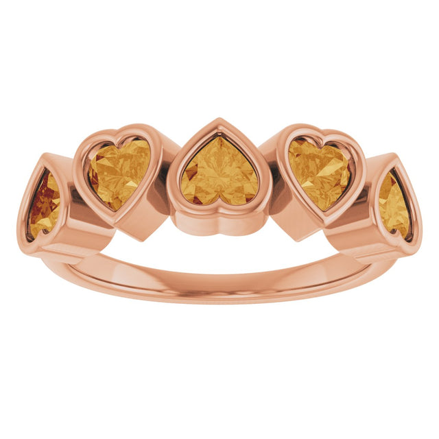14K Gold Natural Citrine Five-Stone Heart Ring - Rose Gold - view 3