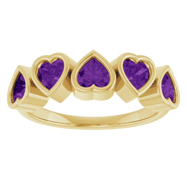 14K Gold Natural Amethyst Five-Stone Heart Ring - Yellow Gold - view 3