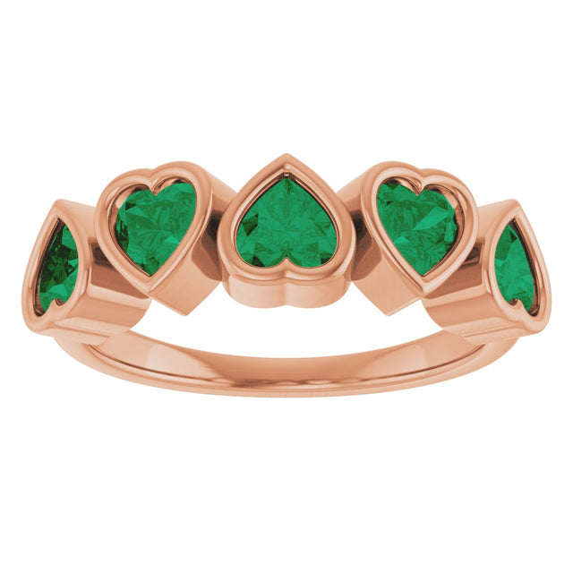 14K Gold Lab-Grown Emerald Five-Stone Heart Ring - Rose Gold - view 3