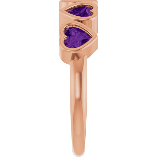 14K Gold Natural Amethyst Five-Stone Heart Ring - Rose Gold - view 4
