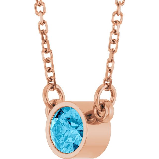 14K Gold Round Natural Aquamarine Bezel-Set Solitaire Birthstone Necklace II - Rose Gold - view 6