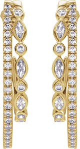 14K Gold Marquise Natural Diamond Accented Hoop Earrings - Yellow Gold - view 6