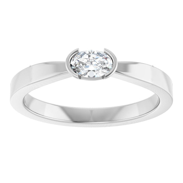 14K Gold Oval Natural Diamond Half-Bezel Solitaire Ring - White Gold - view 8