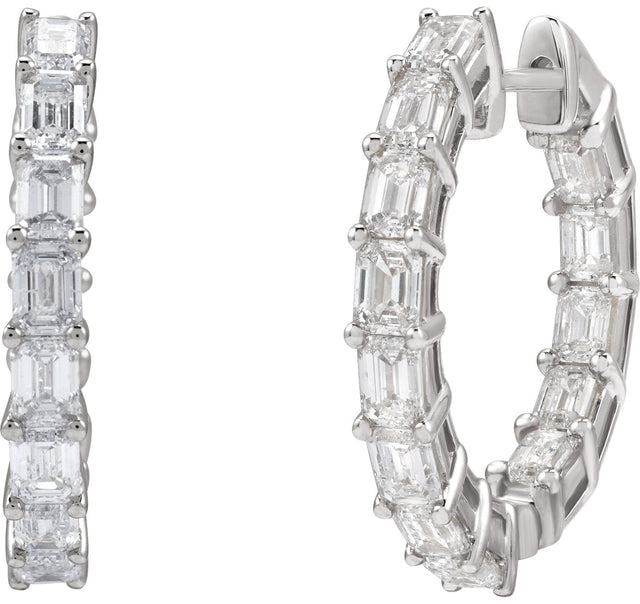 14K Gold Emerald Natural Diamond Inside-Outside Hoop Earrings - White Gold - view 6