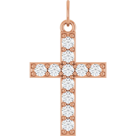 14K Gold Round Lab-Grown Diamond Accented Cross Pendant – 2mm Stones - Rose Gold