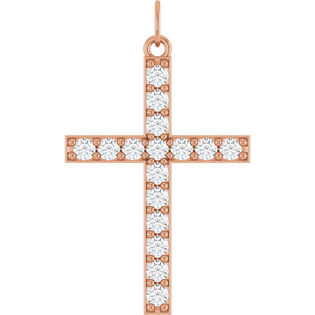 14K Gold Round Lab-Grown Diamond Accented Cross Pendant – 2mm Stones - Rose Gold