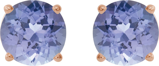 14K Gold Natural Tanzanite Round 4-Prong Lightweight Stud Earrings – 7mm Stones - Rose Gold - view 14