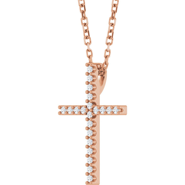 14K Gold Round Natural Diamond Petite Cross Necklace or Pendant – 1mm Stones - Rose Gold - view 5