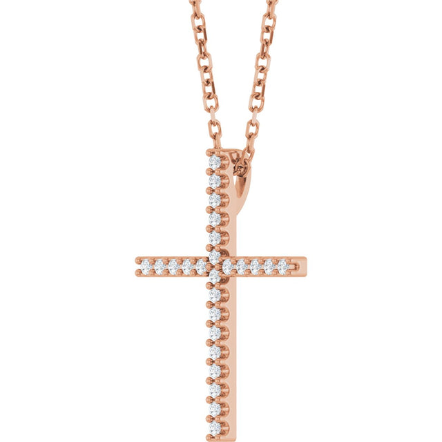 14K Gold Round Natural Diamond Petite Cross Necklace or Pendant – 1mm Stones - Rose Gold - view 5