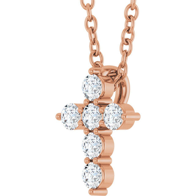 14K Gold Round Lab-Grown Diamond Accented Cross Necklace or Pendant – 1.8-2.4mm Stones - Rose Gold - view 6