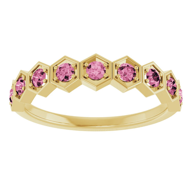 14K Gold Round Natural Pink Tourmaline Stackable Geometric Ring - Yellow Gold - view 8