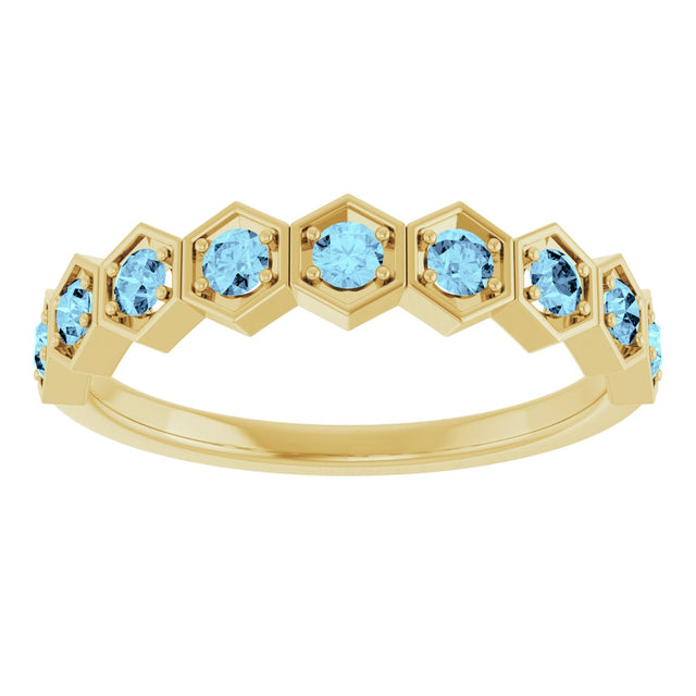 14K Gold Round Natural Aquamarine Stackable Geometric Ring - Yellow Gold - view 8