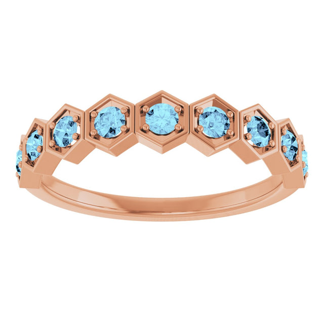 14K Gold Round Natural Aquamarine Stackable Geometric Ring - Rose Gold - view 8