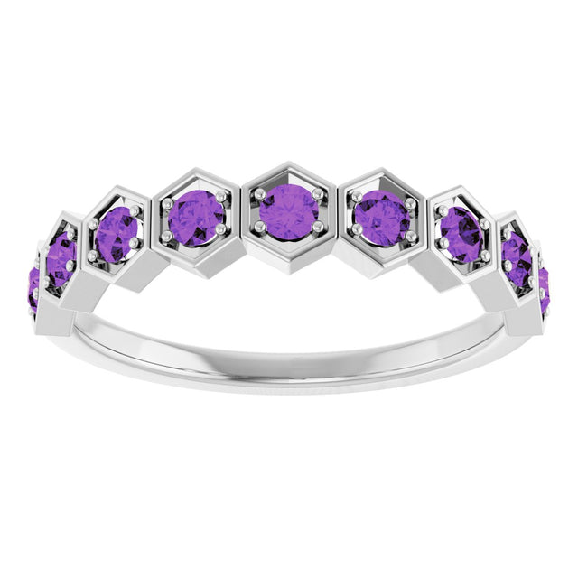 14K Gold Round Natural Amethyst Stackable Geometric Ring - White Gold - view 9