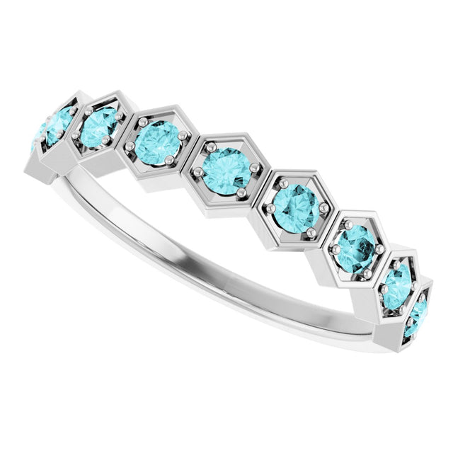 Platinum Round Natural Blue Zircon Stackable Geometric Ring - view 10