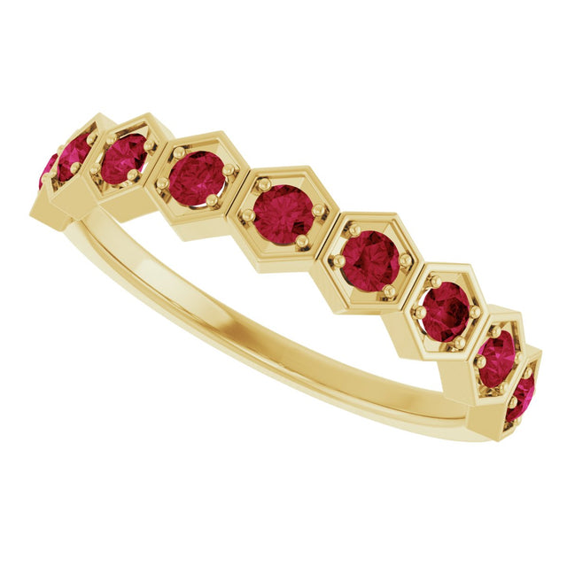14K Gold Round Natural Ruby Stackable Geometric Ring - Yellow Gold - view 10