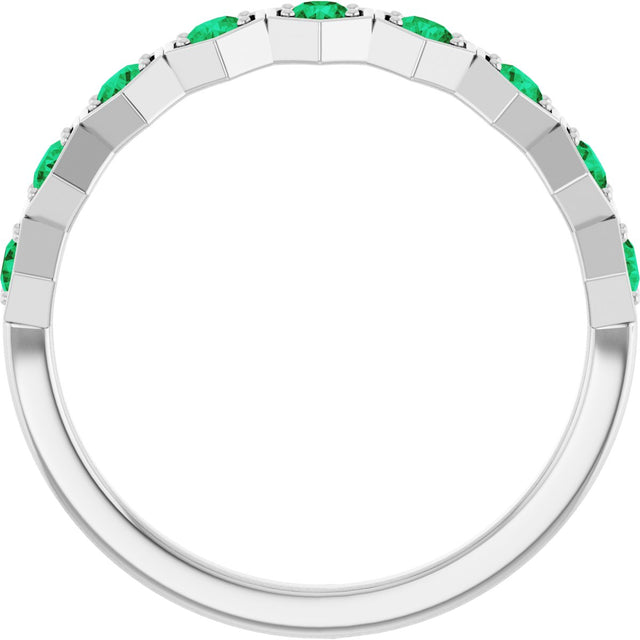 Platinum Round Natural Emerald Stackable Geometric Ring - view 7