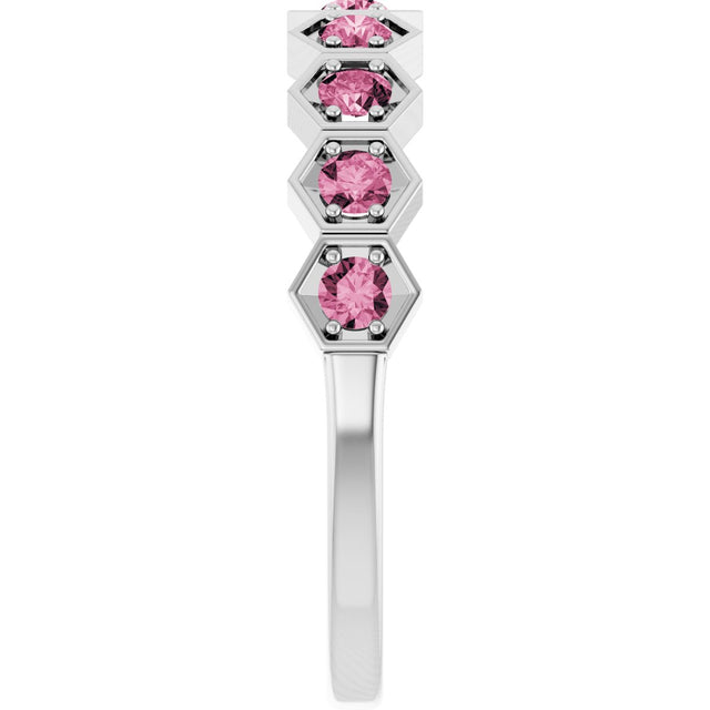 14K Gold Round Natural Pink Tourmaline Stackable Geometric Ring - White Gold - view 9