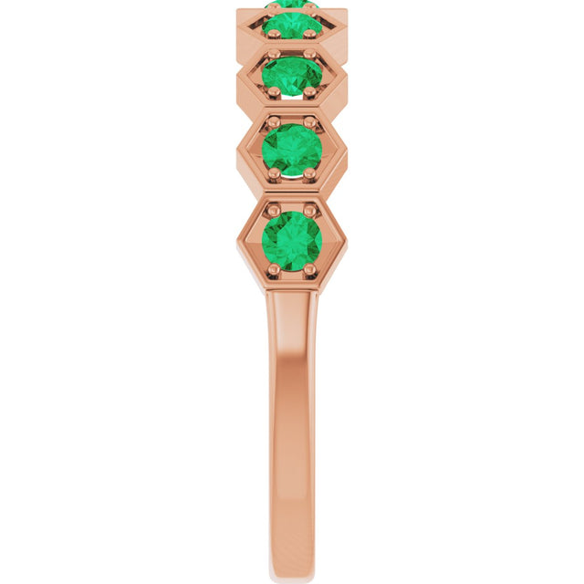 14K Gold Round Natural Emerald Stackable Geometric Ring - Rose Gold - view 9