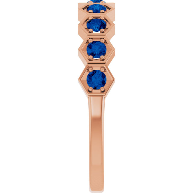 14K Gold Round Lab-Grown Blue Sapphire Stackable Geometric Ring - Rose Gold - view 9