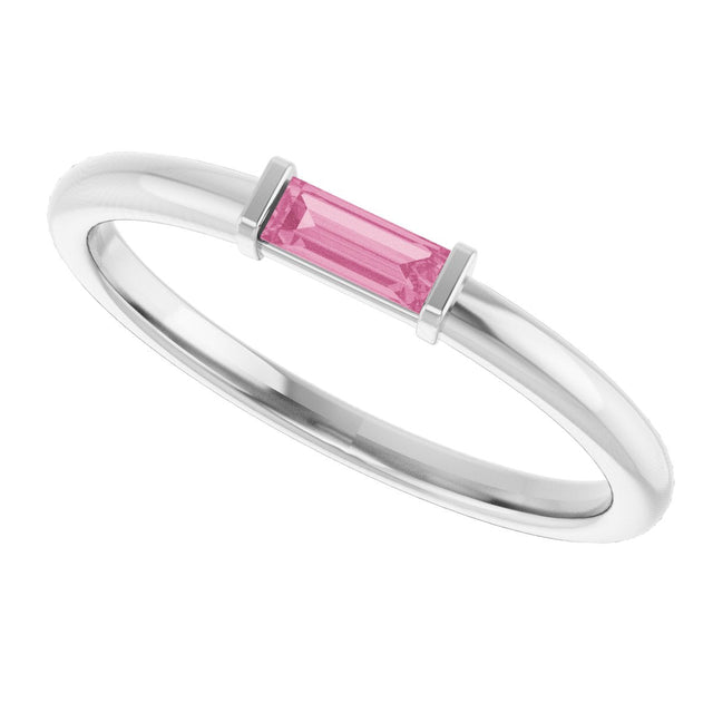 14K Gold Natural Pink Tourmaline Birthstone Stackable Ring – 4x2 mm Straight Baguette - White Gold - view 15