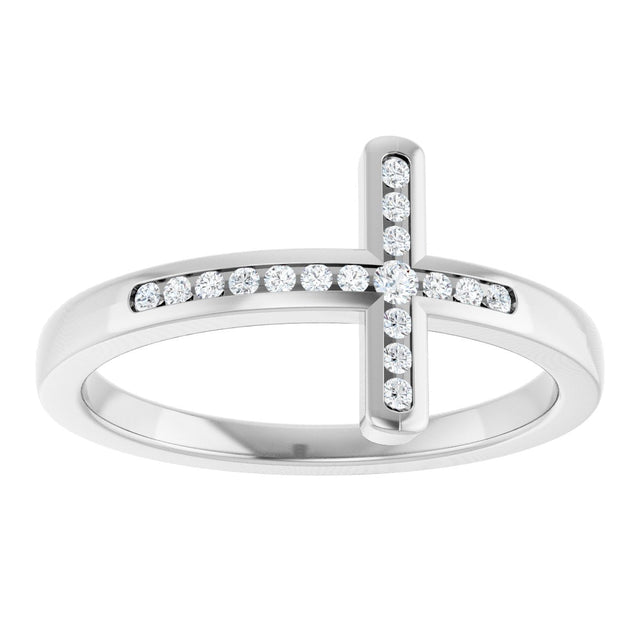 14K Gold Round Natural Diamond Sideways Cross Ring – 1.6mm Stones - White Gold - view 8