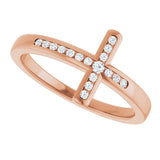 14K Gold Round Natural Diamond Sideways Cross Ring – 1.6mm Stones - Rose Gold - view 10