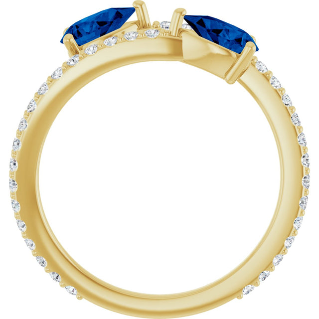14K Gold Pear Natural Blue Sapphire Two-Stone Bypass Ring - Yellow Gold - view 7