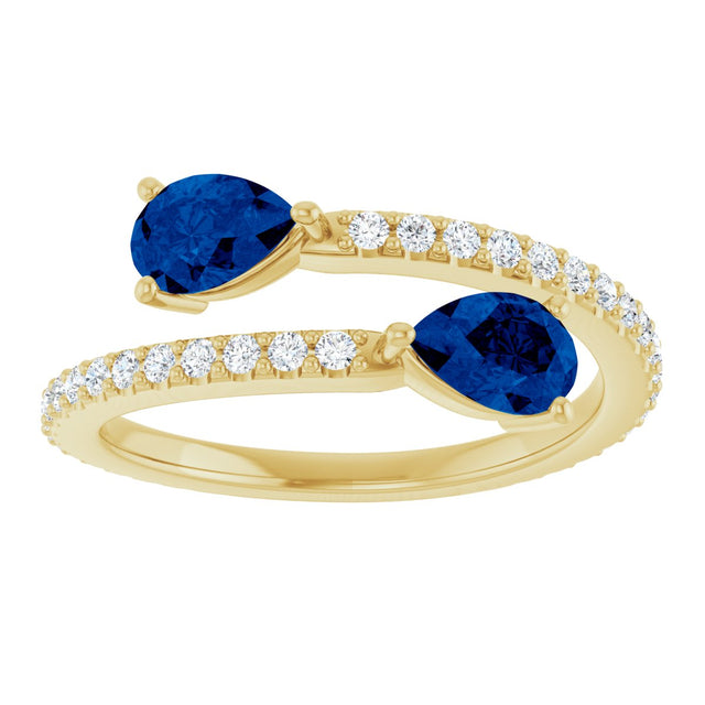 14K Gold Pear Natural Blue Sapphire Two-Stone Bypass Ring - Yellow Gold - view 8