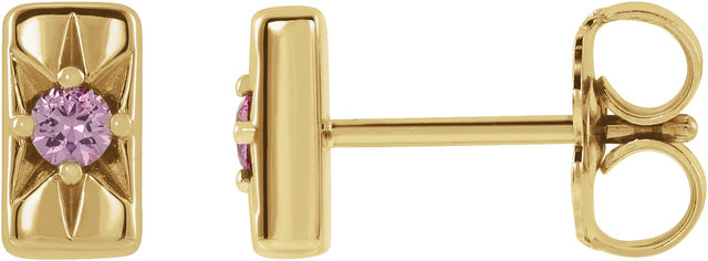 14K Gold Round Natural Pink Sapphire Accented Bar Earrings - Yellow Gold