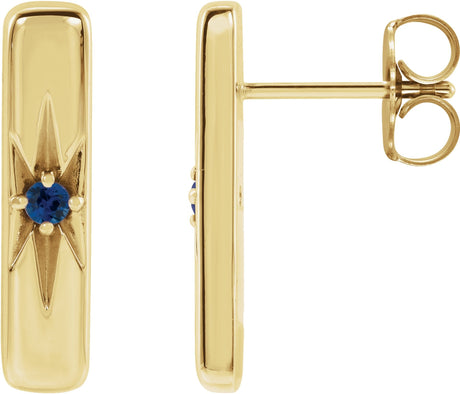 14K Gold Round Natural Blue Sapphire Accented Bar Earrings - Yellow Gold