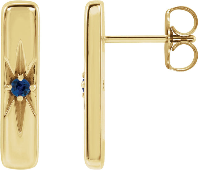 14K Gold Round Natural Blue Sapphire Accented Bar Earrings - Yellow Gold