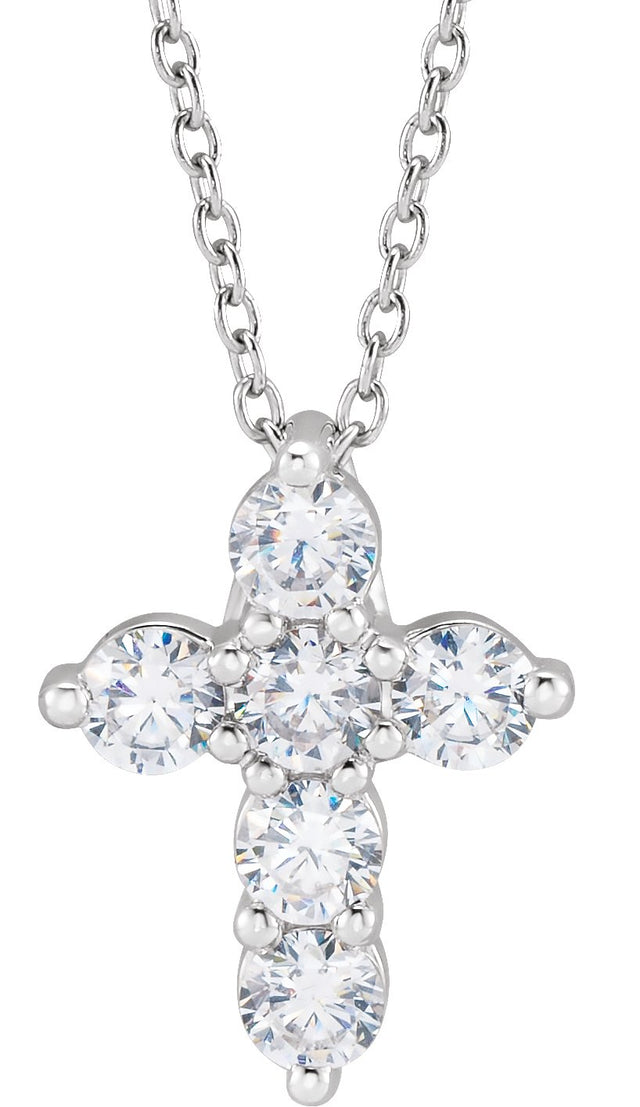 14K Gold Round Lab-Grown Diamond Cross Necklace - White Gold