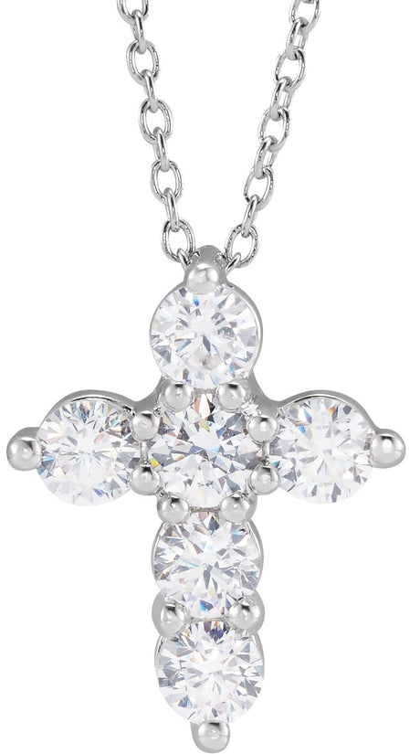 14K Gold Round Lab-Grown Diamond Cross Necklace - White Gold