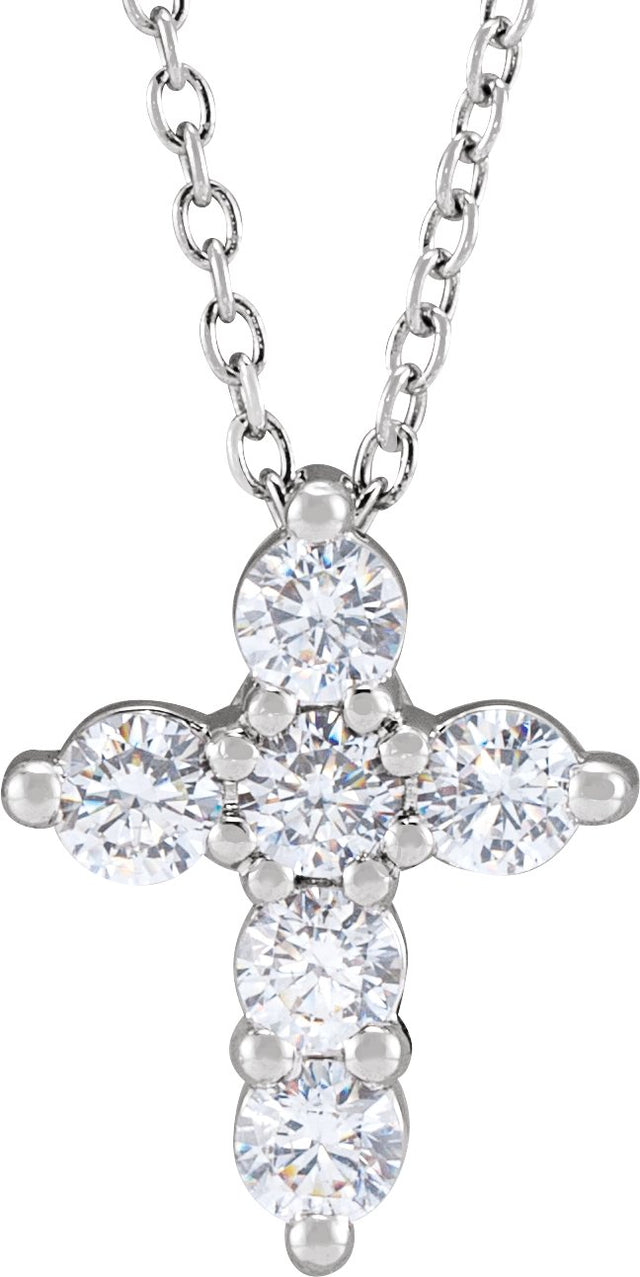 14K Gold Round Lab-Grown Diamond Cross Necklace - White Gold
