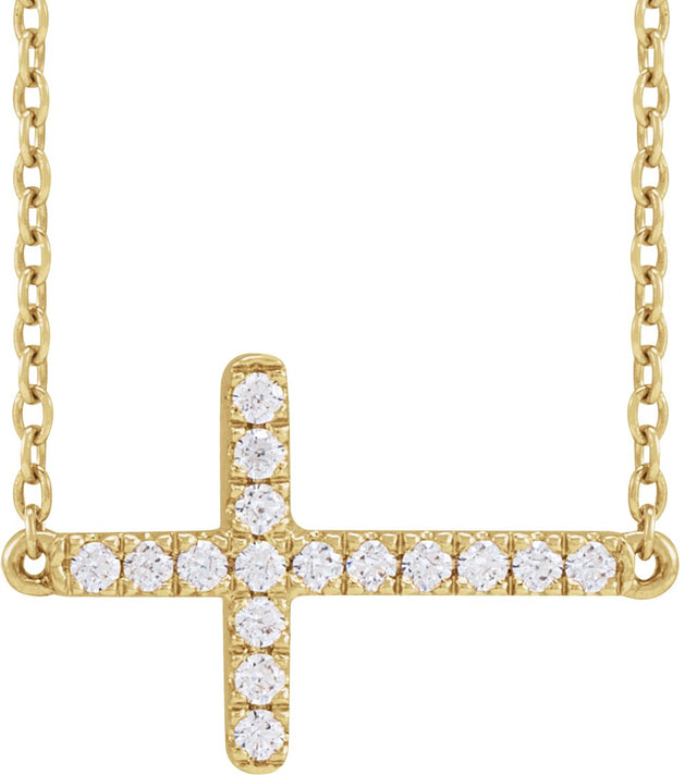 14K Gold Round Lab-Grown Diamond Sideways Cross Necklace – 1/6 CTW - Yellow Gold