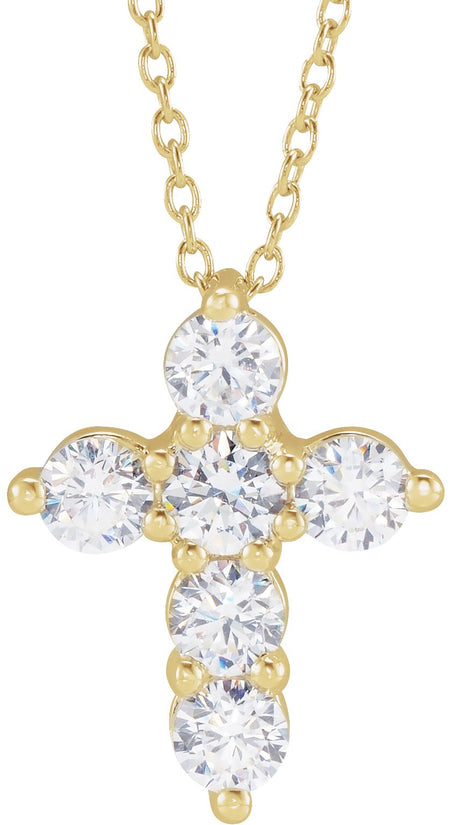 14K Gold Round Lab-Grown Diamond Cross Necklace - Yellow Gold
