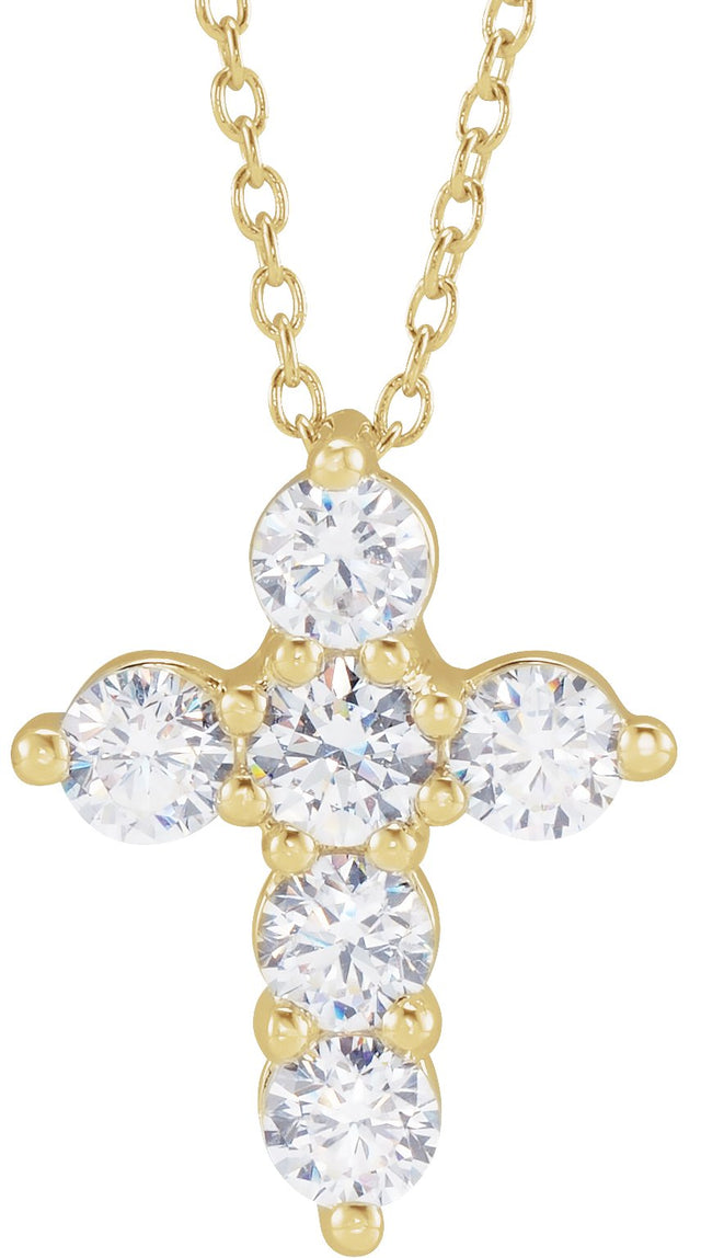 14K Gold Round Lab-Grown Diamond Cross Necklace - Yellow Gold