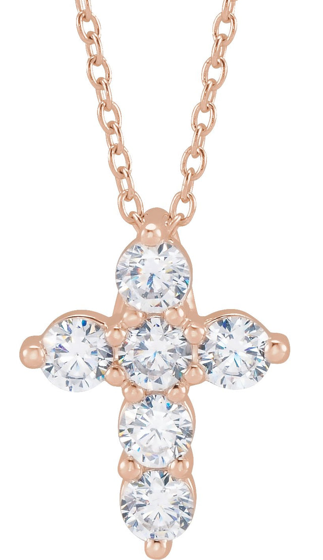 14K Gold Round Lab-Grown Diamond Cross Necklace - Rose Gold
