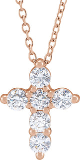 14K Gold Round Lab-Grown Diamond Cross Necklace - Rose Gold