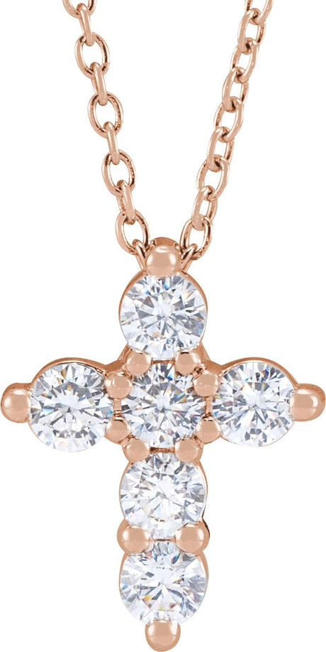 14K Gold Round Lab-Grown Diamond Cross Necklace - Rose Gold