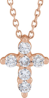 14K Gold Round Lab-Grown Diamond Cross Necklace - Rose Gold
