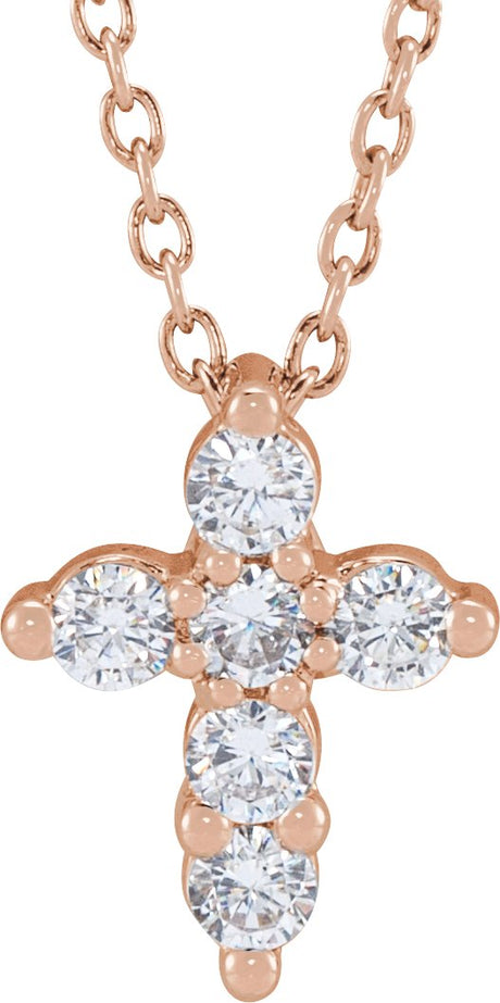 14K Gold Round Lab-Grown Diamond Cross Necklace - Rose Gold