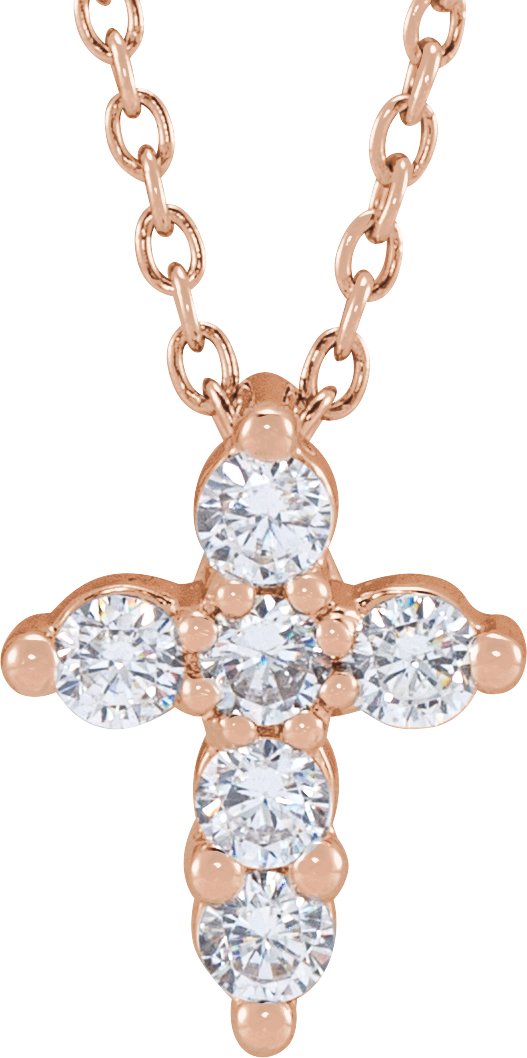 14K Gold Round Lab-Grown Diamond Cross Necklace - Rose Gold