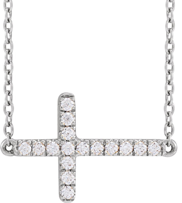 14K Gold Round Lab-Grown Diamond Sideways Cross Necklace – 1/6 CTW - White Gold